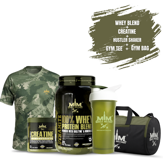 Dynamite Whey Blend 1kg + Micronised Creatine 100g + MM Green Camo T-Shirt + Hustler Shaker 700ml + MM Gym Bag Combo