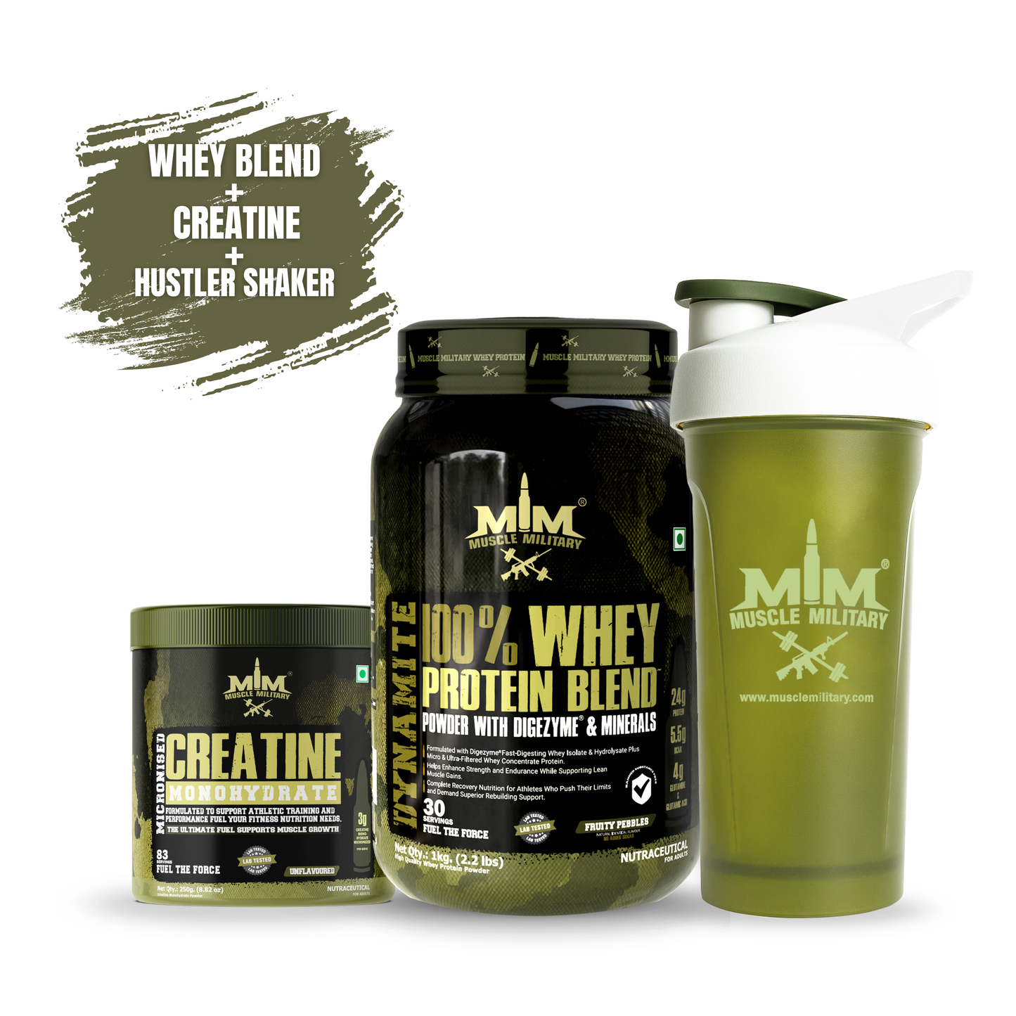 Dynamite Whey + Micronised Creatine Monohydrate Unflavoured +Hustler Shaker 700 ml