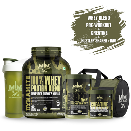 Whey Protein 2kg + Shot gun Pre-workout + Micronised Creatine Monohydrate Unflavoured +Gym Bag + Hustler Shaker 700ml