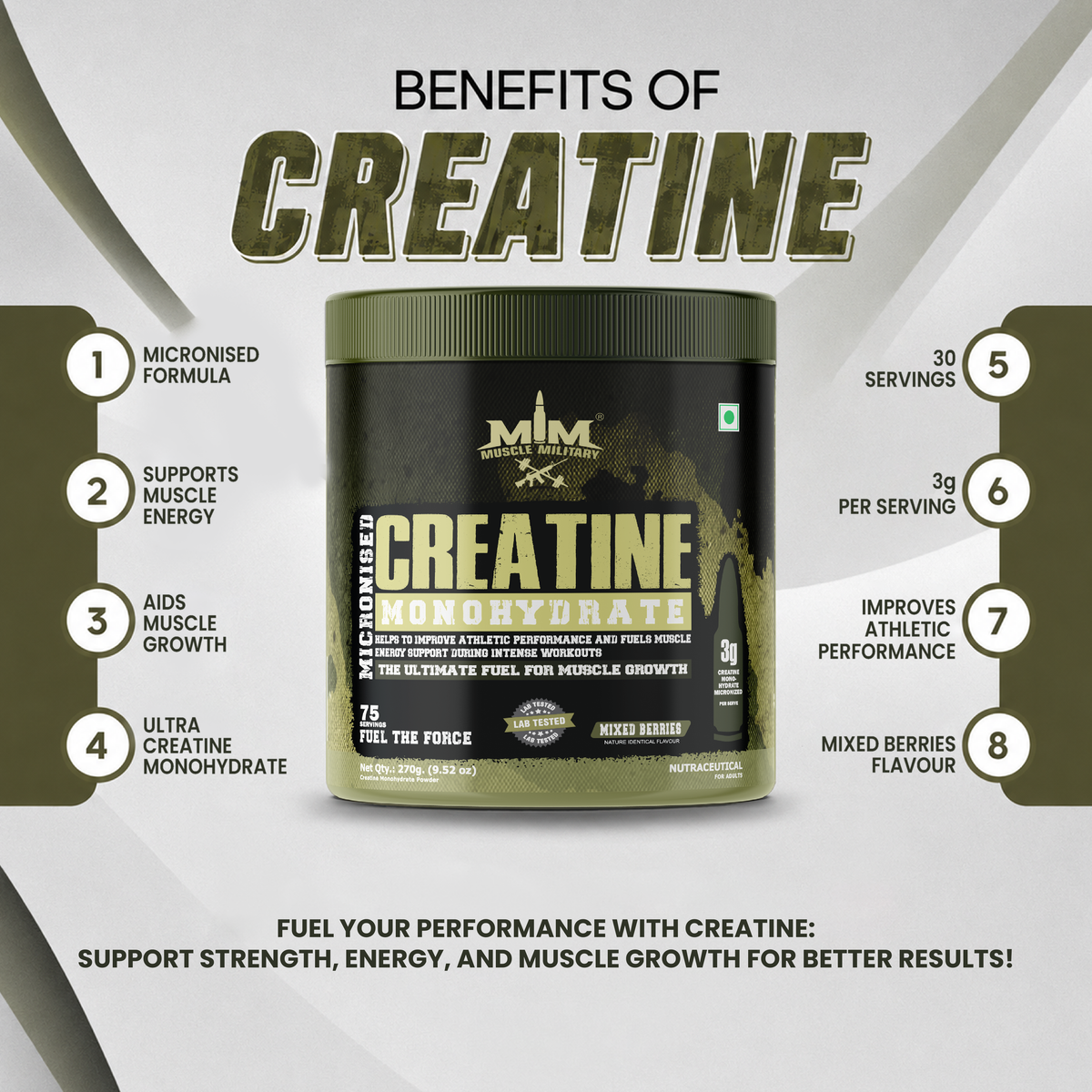 Micronised Creatine Monohydrate Flavoured | 100% Pure Creatine | 3.6g/Serve | 75 Servings