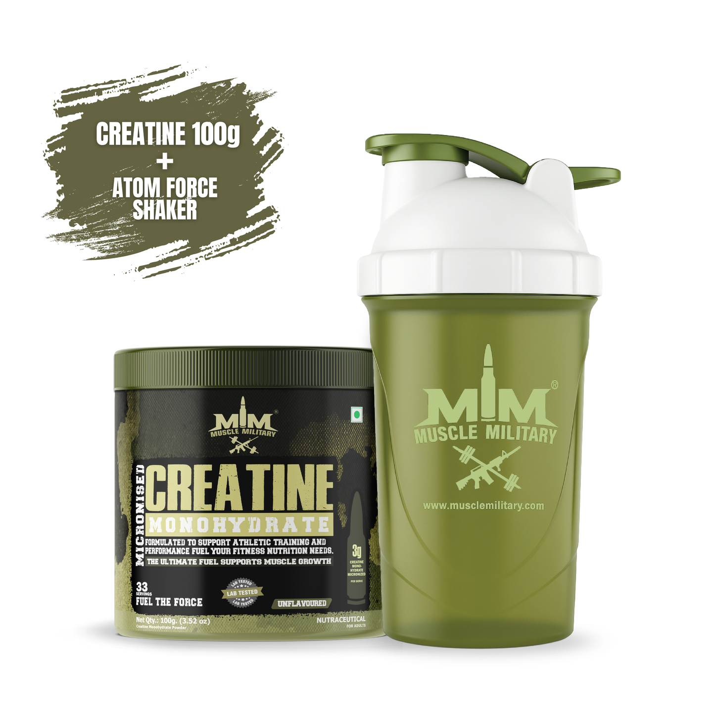 Micronised Creatine Monohydrate Unflavoured + Atom Force Shaker 600 ml