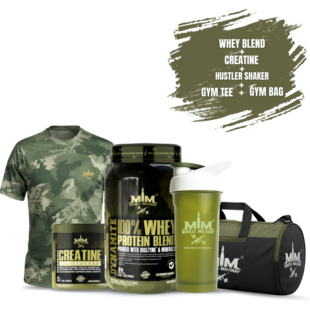 Dynamite Whey Blend 1kg + Micronised Creatine 100g + MM Green Camo T-Shirt + Hustler Shaker 700ml + MM Gym Bag Combo