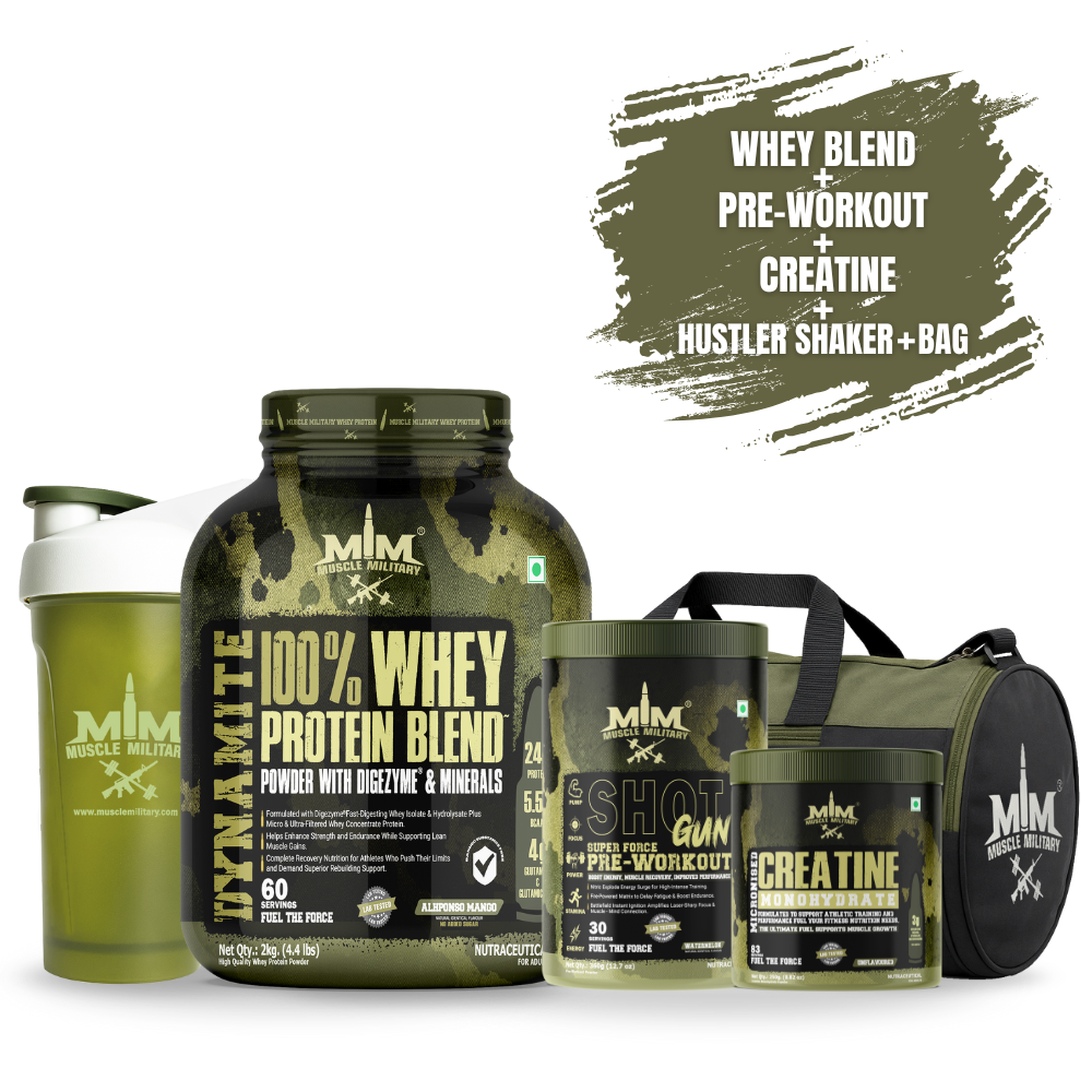 Whey Protein 2kg  + Shot gun Pre-workout + Micronised Creatine Monohydrate Unflavoured +Gym Bag + Hustler Shaker 700ml