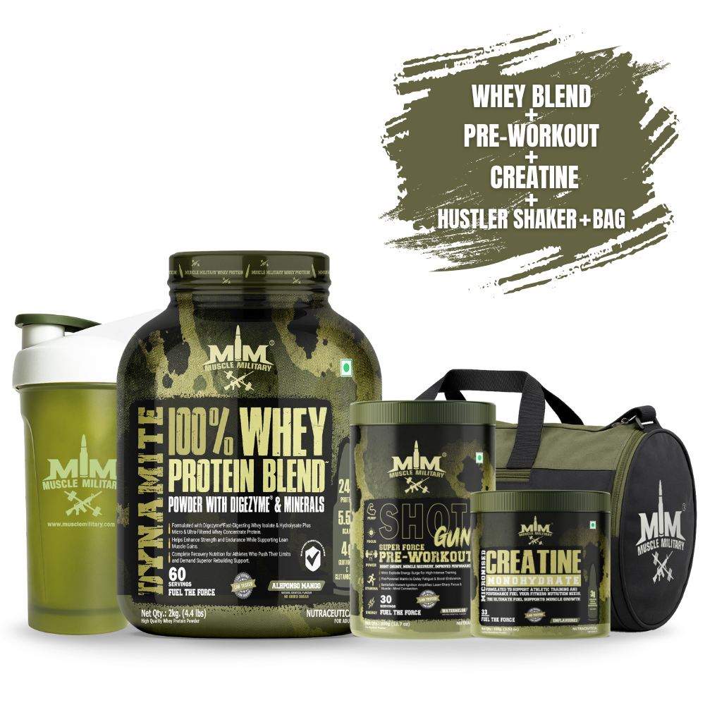 Whey Protein 2kg  + Shot gun Pre-workout + Micronised Creatine Monohydrate Unflavoured +Gym Bag + Hustler Shaker 700ml