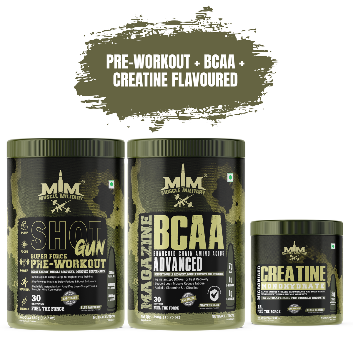 Muscle MIlitary PRE-WORKOUT SHOTGUN + MAGAZINE BCAA+ Micronised Creatine Monohydrate Flavoured COMBO