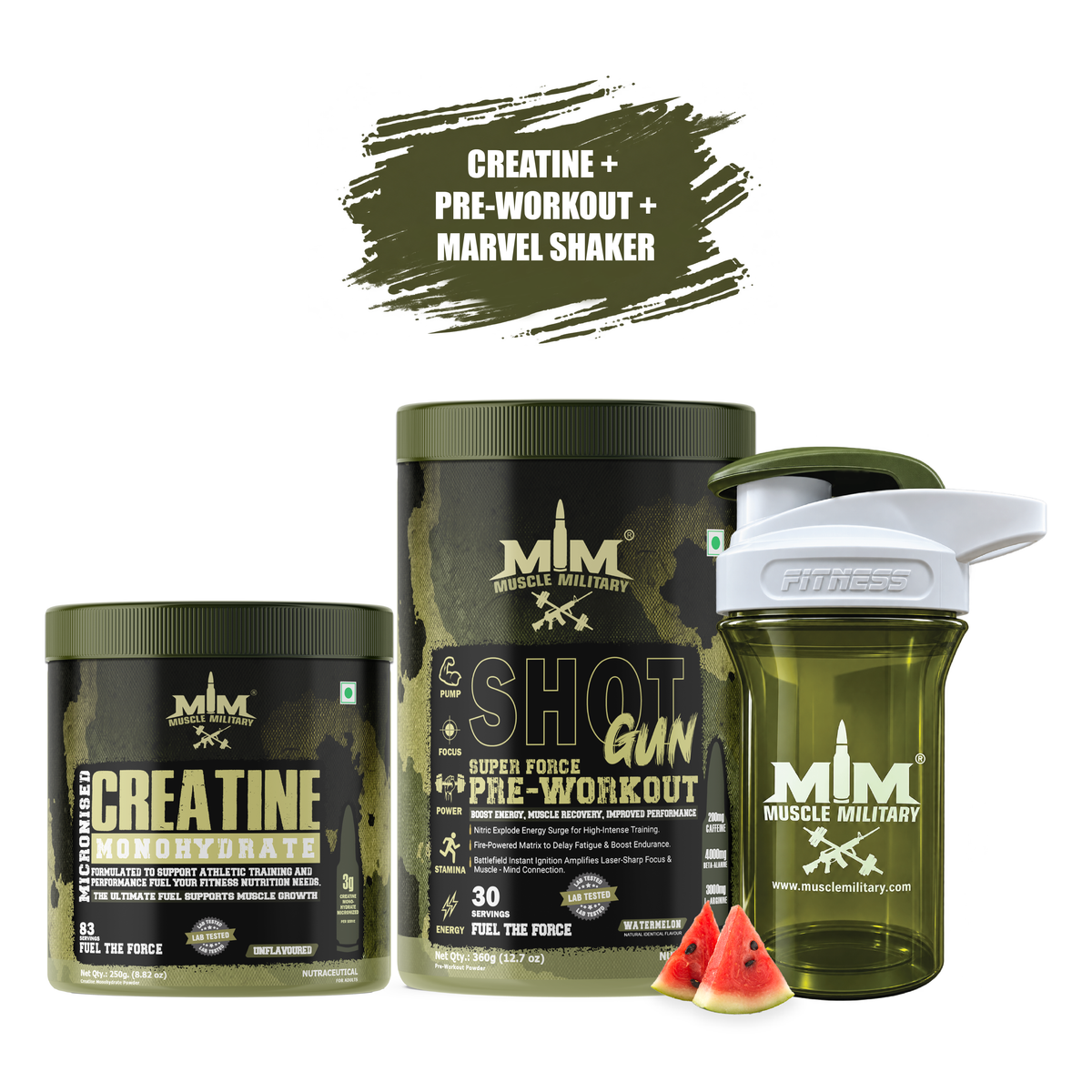 Shot Gun Pre-workout + Micronised Creatine Monohydrate + Marvel Premium Shaker 500ml