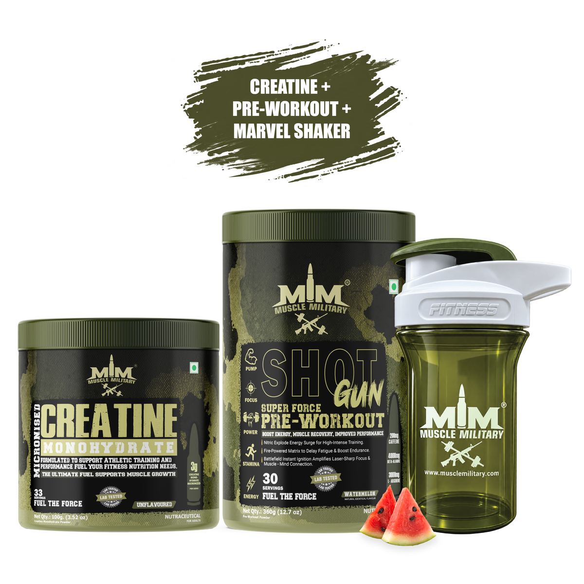 Shot Gun Pre-workout + Micronised Creatine Monohydrate + Marvel Premium Shaker 500ml