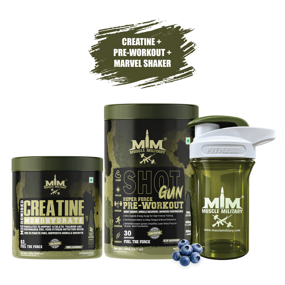 Shot Gun Pre-workout + Micronised Creatine Monohydrate + Marvel Premium Shaker 500ml