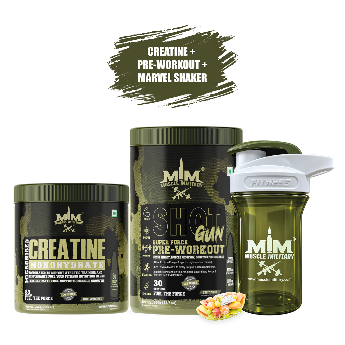 Shot Gun Pre-workout + Micronised Creatine Monohydrate + Marvel Premium Shaker 500ml