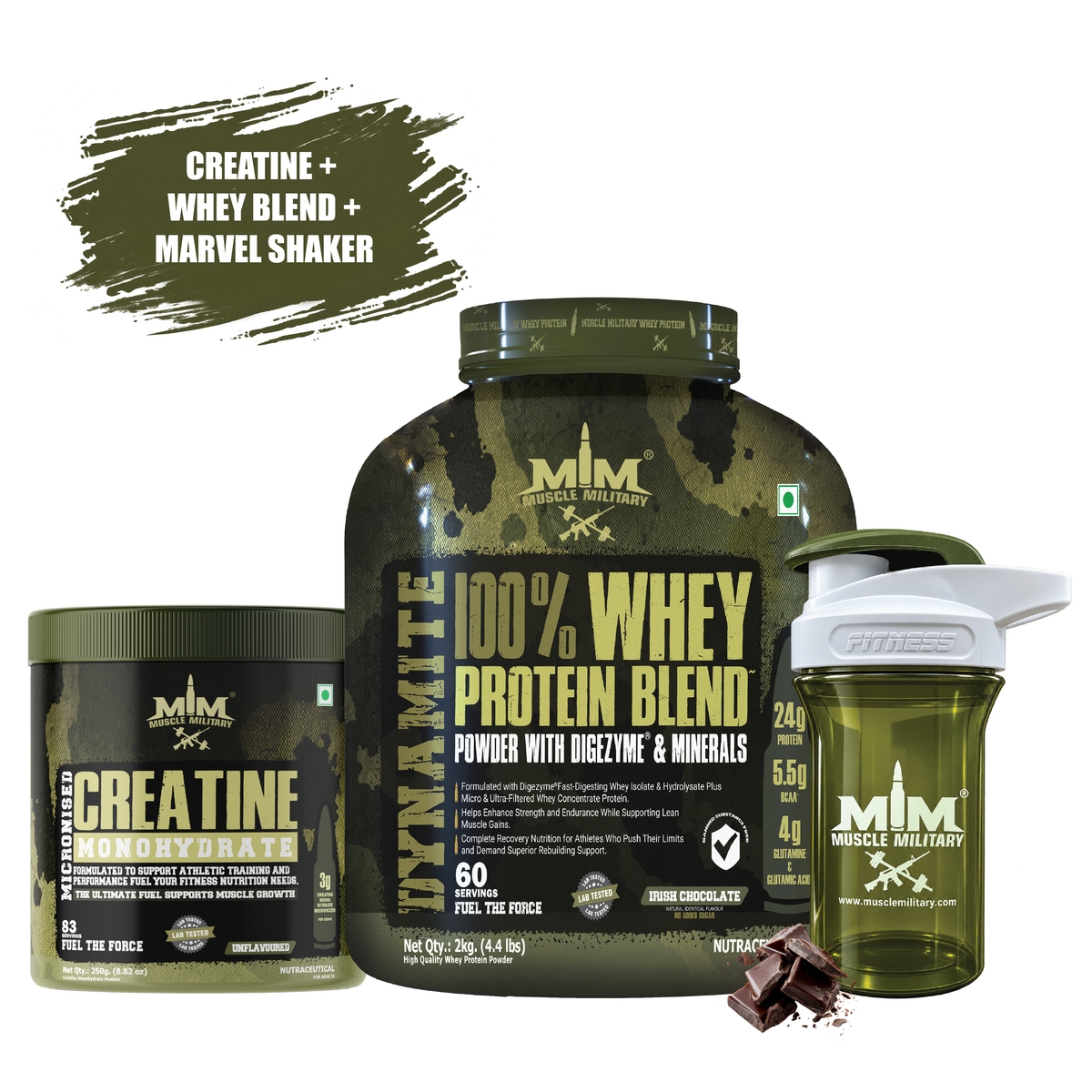 Dynamite Whey + Micronised Creatine Monohydrate Unflavoured + Marvel Premium Shaker ( Crystal) 500ml