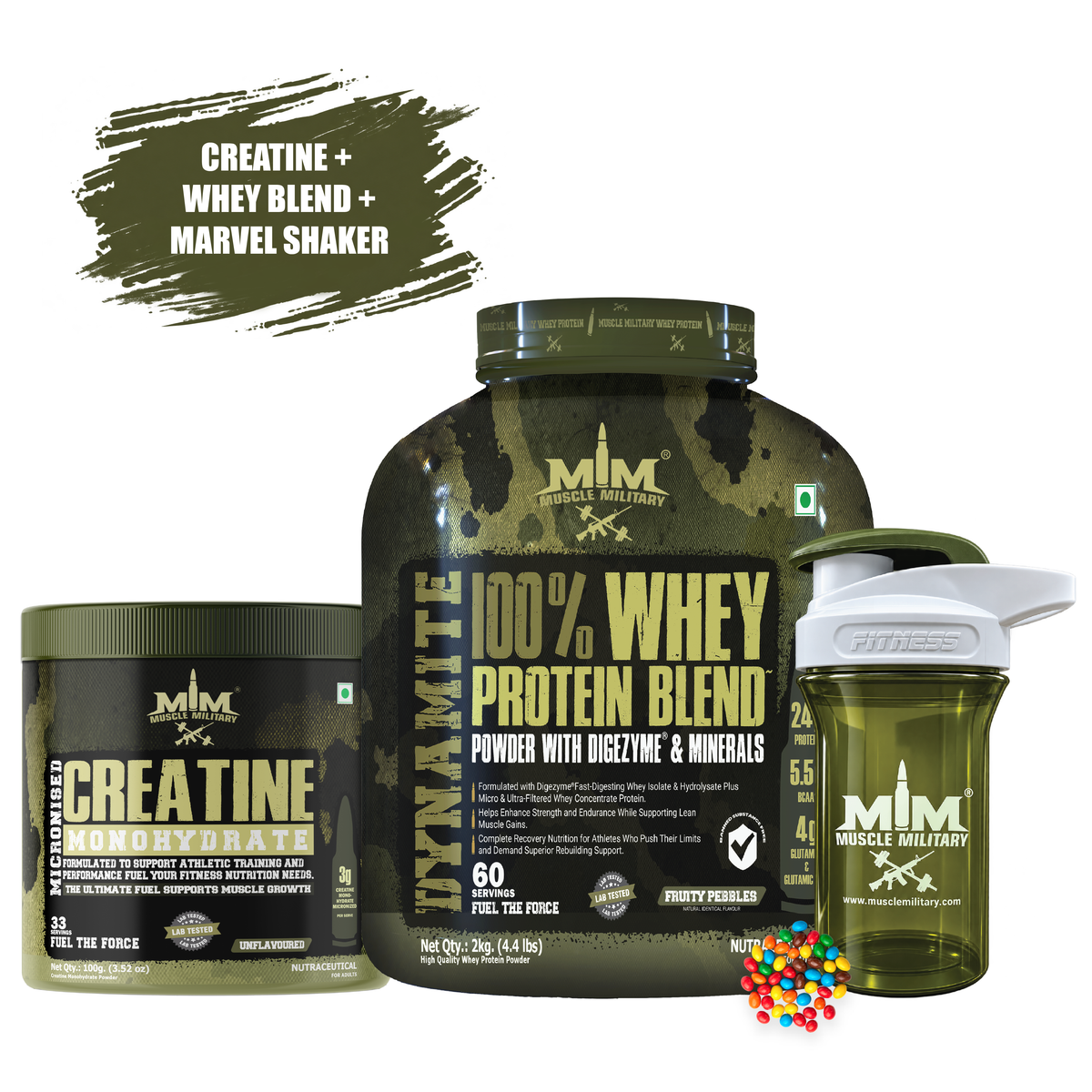 Dynamite Whey + Micronised Creatine Monohydrate Unflavoured + Marvel Premium Shaker ( Crystal) 500ml