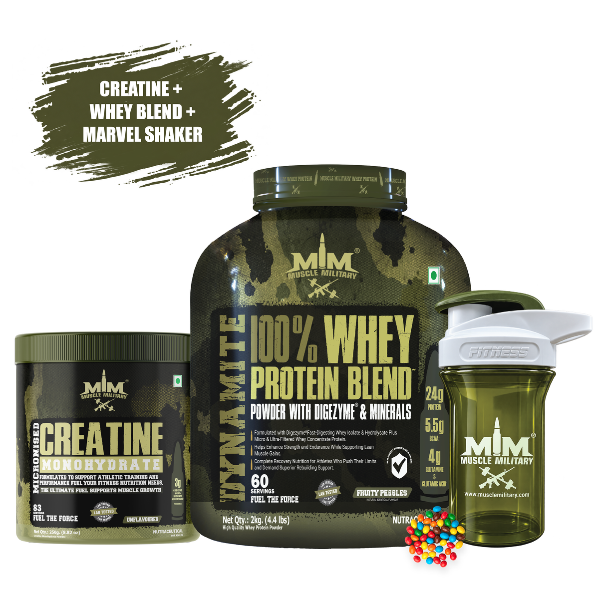 Dynamite Whey + Micronised Creatine Monohydrate Unflavoured + Marvel Premium Shaker ( Crystal) 500ml