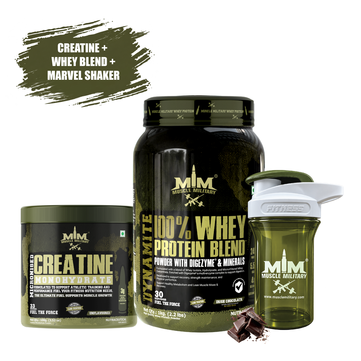 Dynamite Whey + Micronised Creatine Monohydrate Unflavoured + Marvel Premium Shaker ( Crystal) 500ml