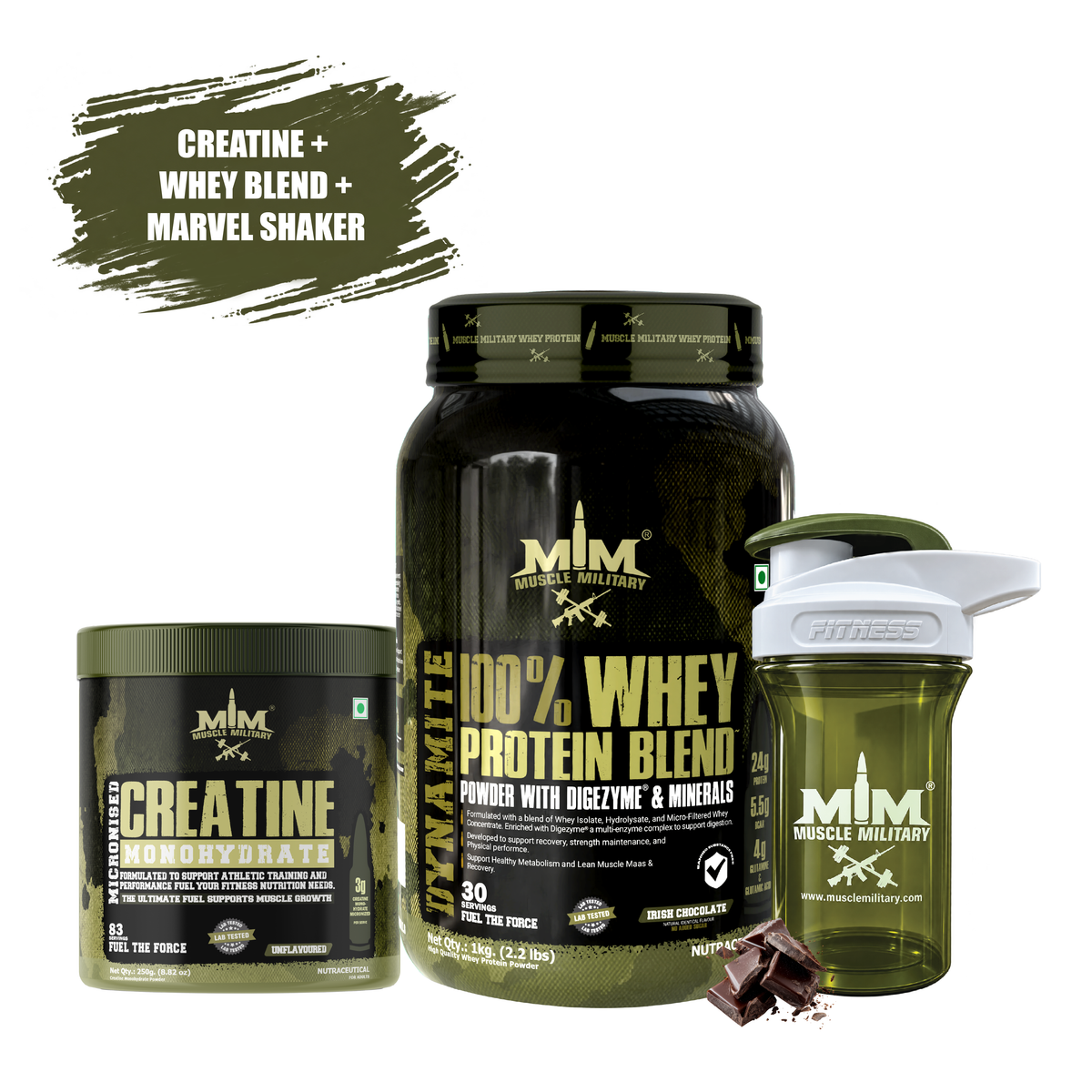 Dynamite Whey + Micronised Creatine Monohydrate Unflavoured + Marvel Premium Shaker ( Crystal) 500ml