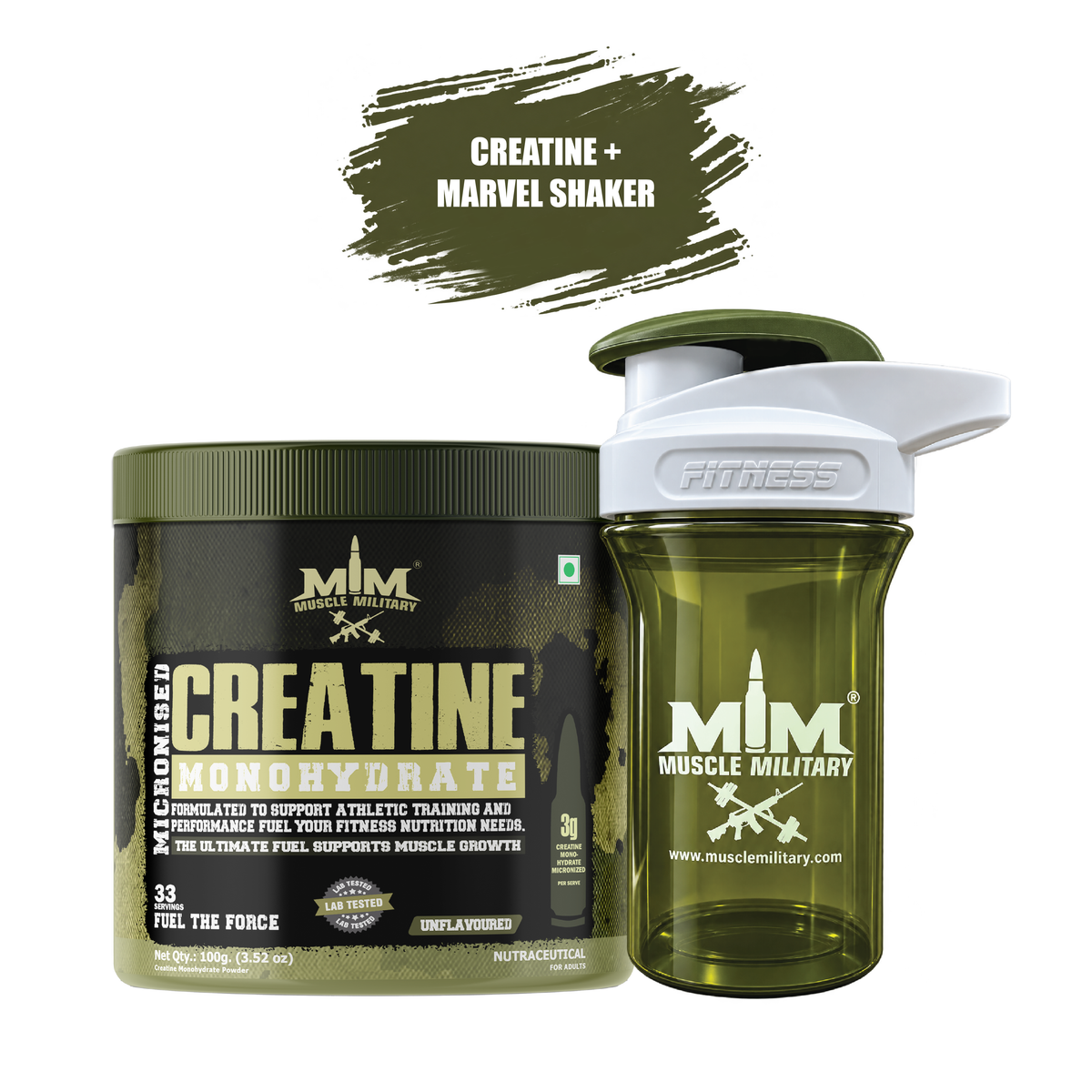 Micronised Creatine Monohydrate Unflavoured + Marvel Premium Shaker (Crystal) 500ml
