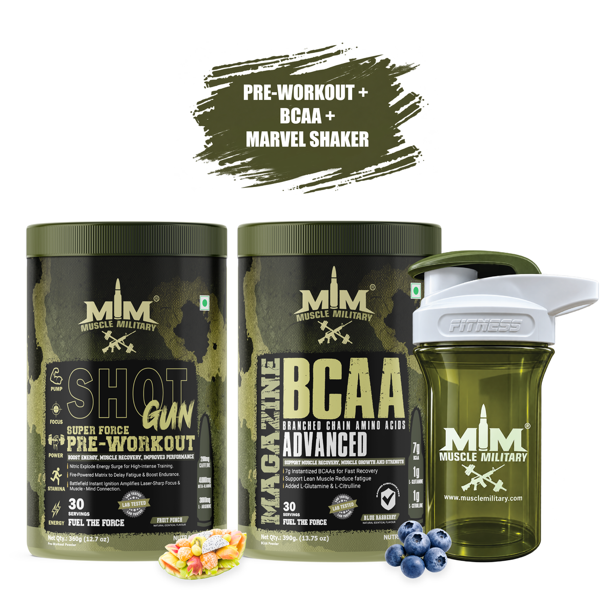 Shot Gun Pre-workout + Magazine BCAA + Marvel Premium Shaker (Crystal) 500ml