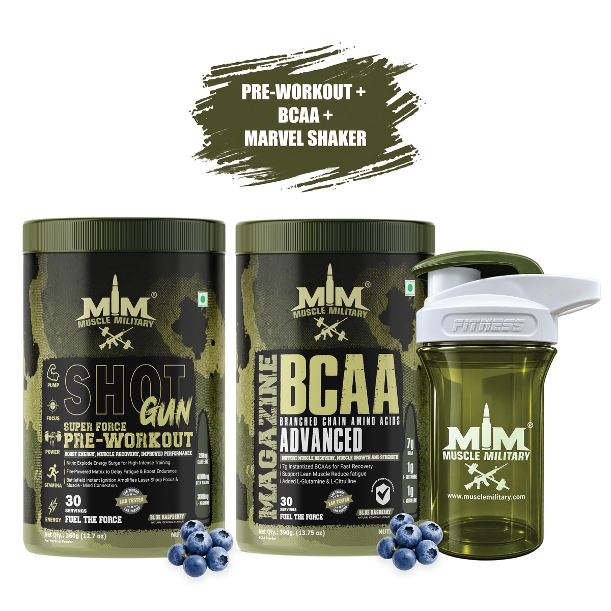 Shot Gun Pre-workout + Magazine BCAA + Marvel Premium Shaker (Crystal) 500ml