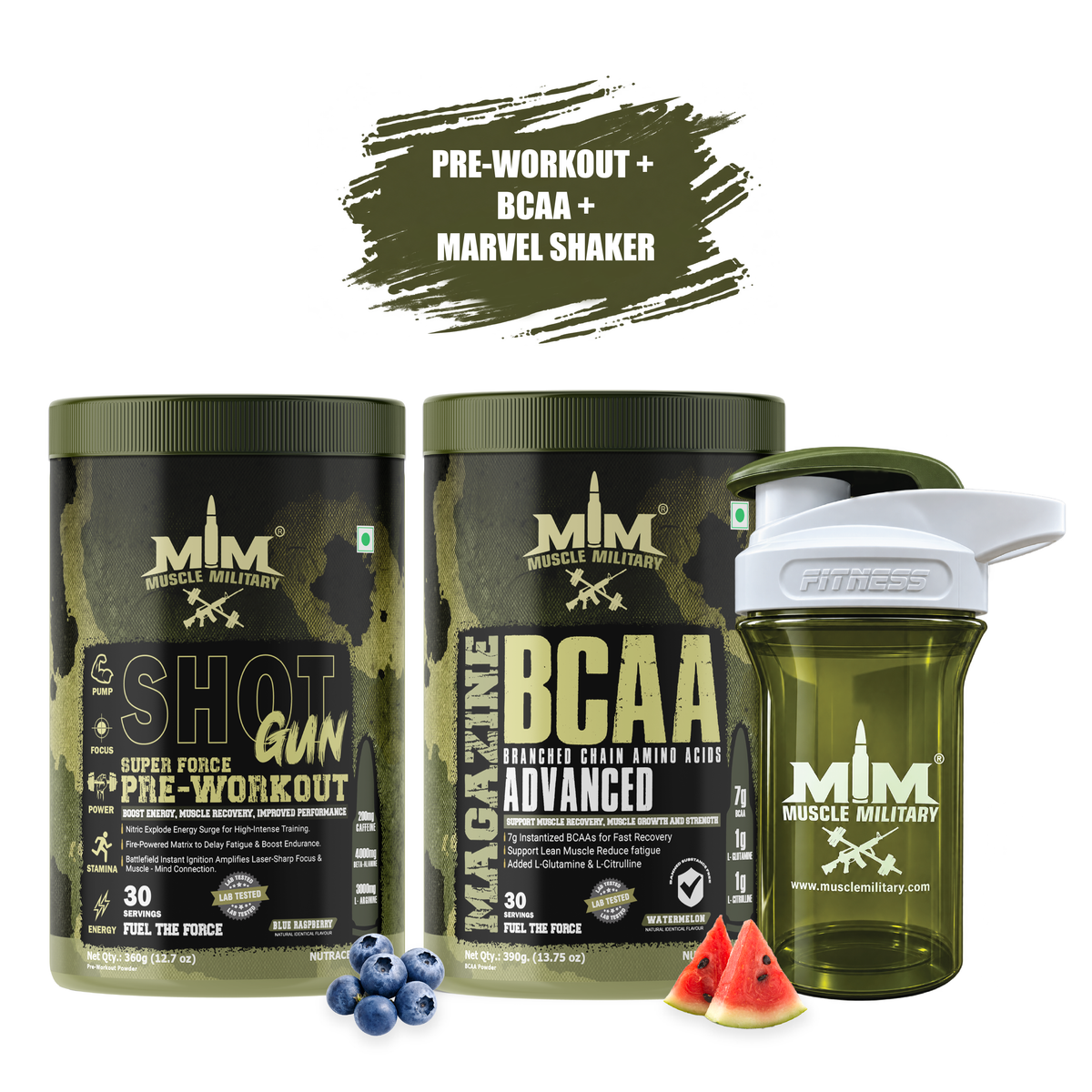 Shot Gun Pre-workout + Magazine BCAA + Marvel Premium Shaker (Crystal) 500ml