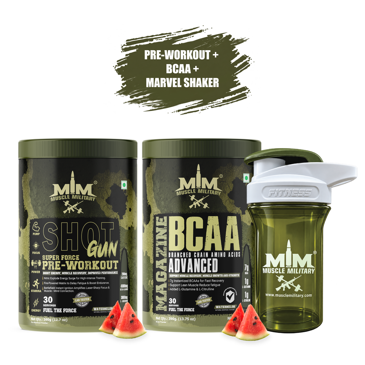 Shot Gun Pre-workout + Magazine BCAA + Marvel Premium Shaker (Crystal) 500ml
