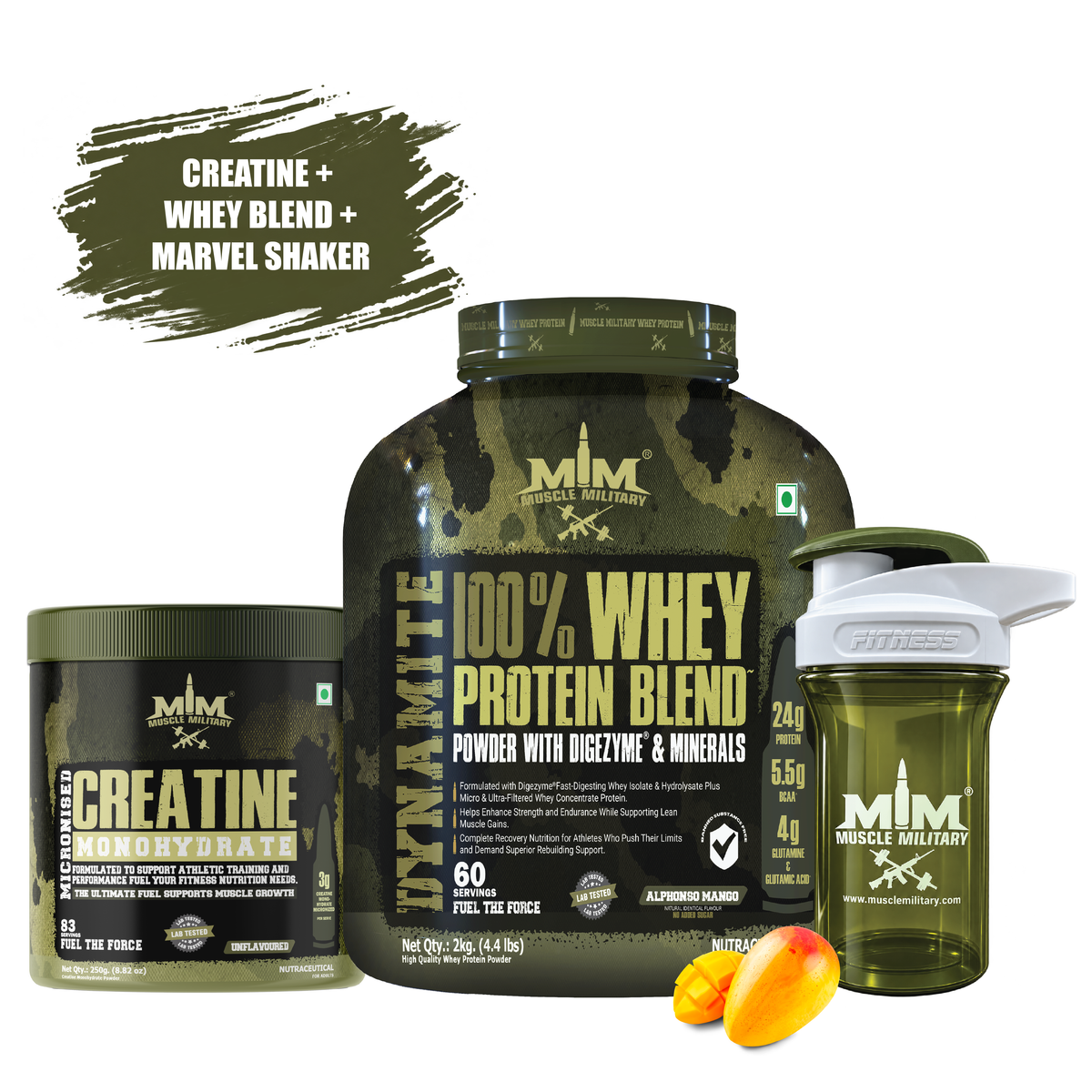Dynamite Whey + Micronised Creatine Monohydrate Unflavoured + Marvel Premium Shaker ( Crystal) 500ml