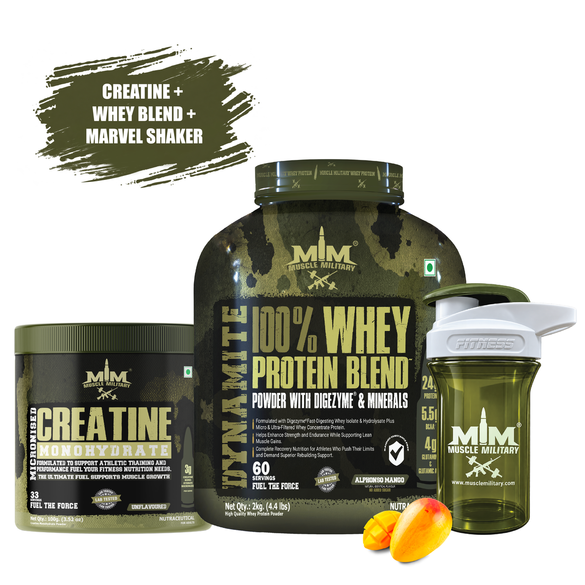Dynamite Whey + Micronised Creatine Monohydrate Unflavoured + Marvel Premium Shaker ( Crystal) 500ml