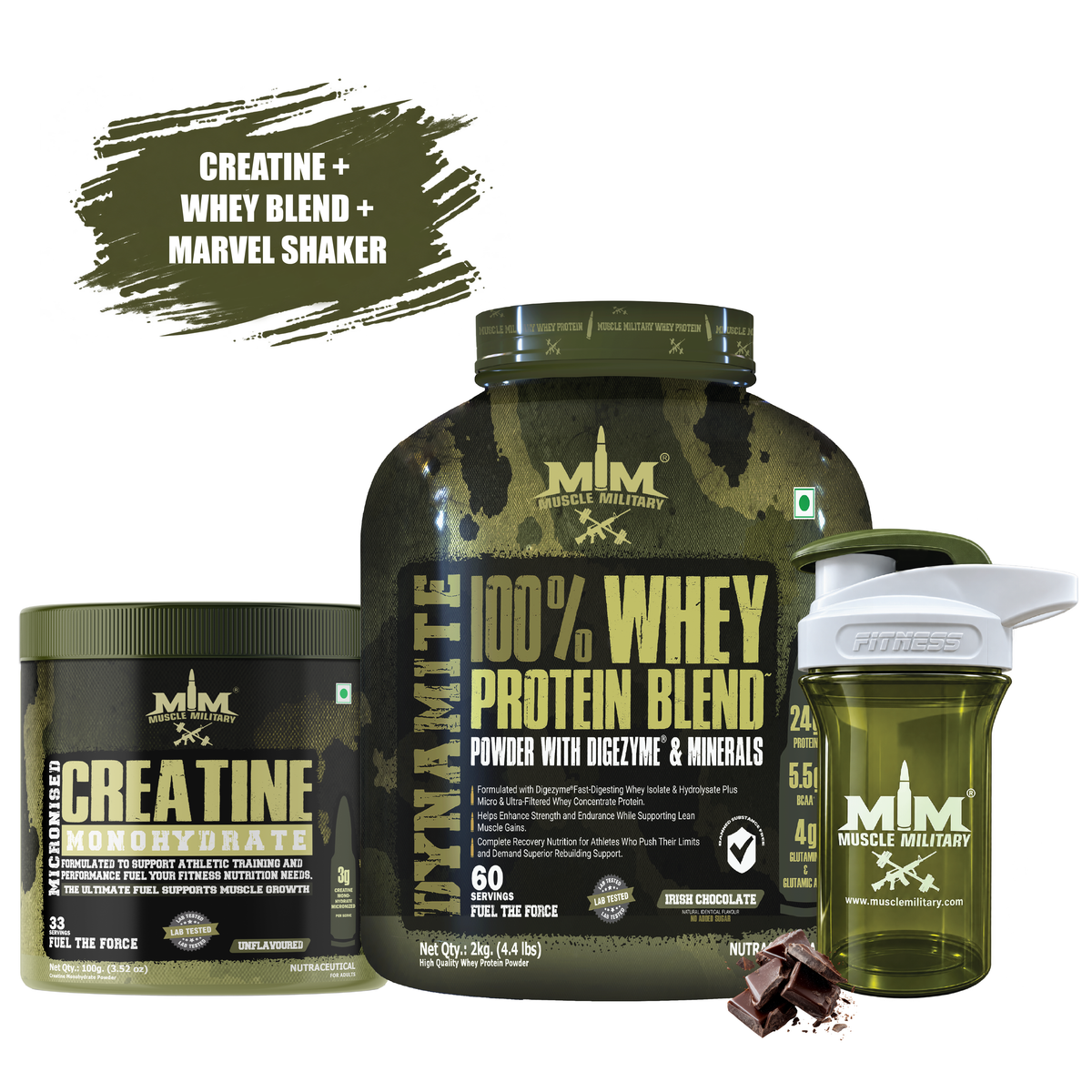 Dynamite Whey + Micronised Creatine Monohydrate Unflavoured + Marvel Premium Shaker ( Crystal) 500ml