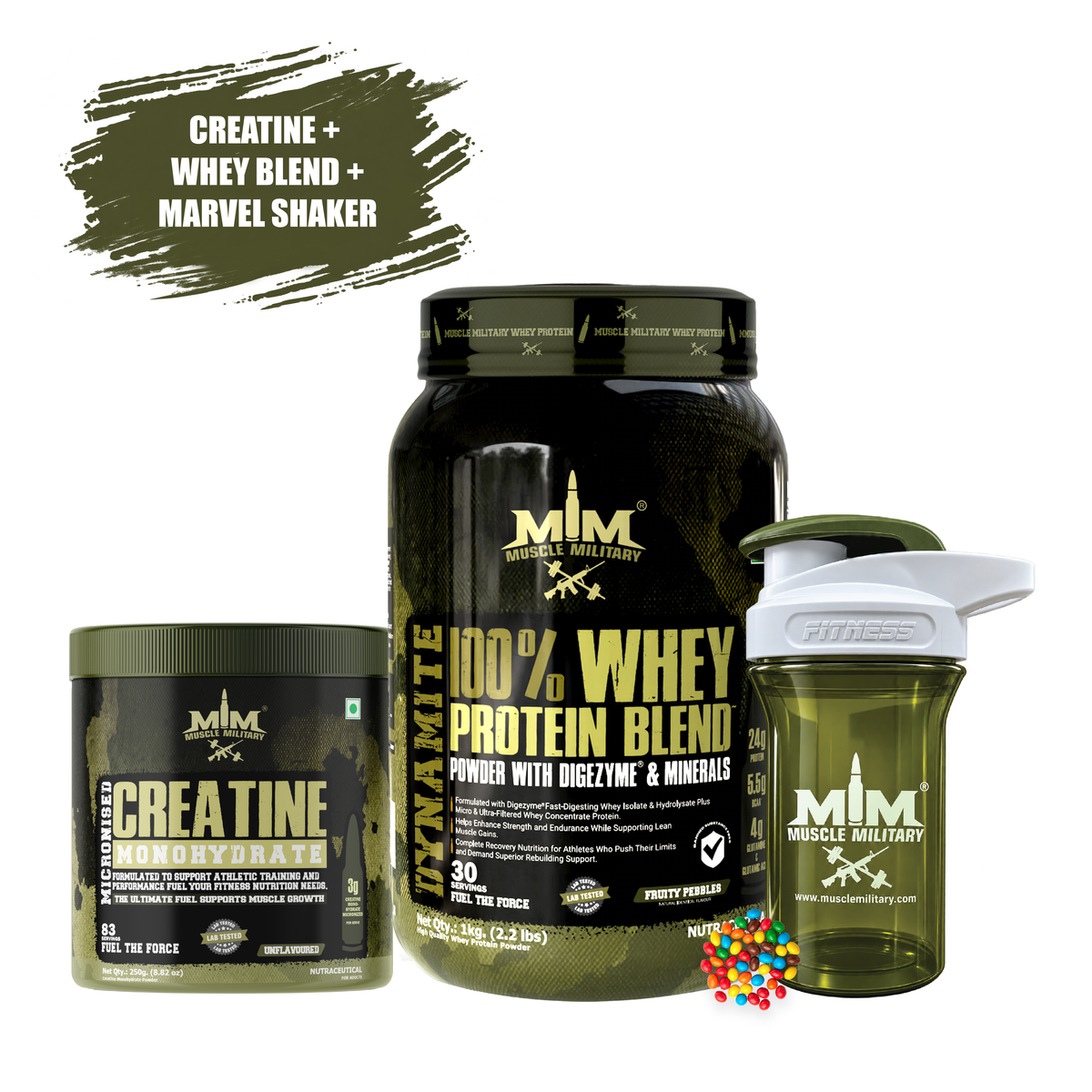 Dynamite Whey + Micronised Creatine Monohydrate Unflavoured + Marvel Premium Shaker ( Crystal) 500ml