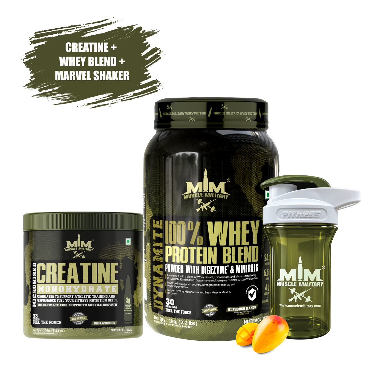 Dynamite Whey + Micronised Creatine Monohydrate Unflavoured + Marvel Premium Shaker ( Crystal) 500ml
