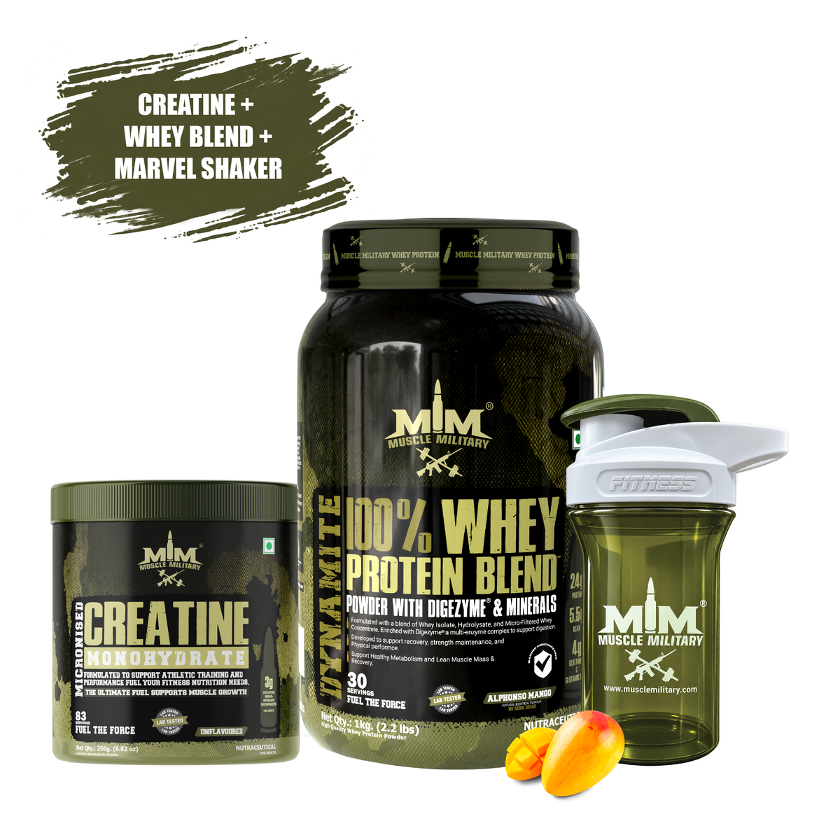 Dynamite Whey + Micronised Creatine Monohydrate Unflavoured + Marvel Premium Shaker ( Crystal) 500ml