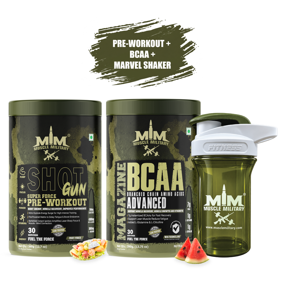 Shot Gun Pre-workout + Magazine BCAA + Marvel Premium Shaker (Crystal) 500ml