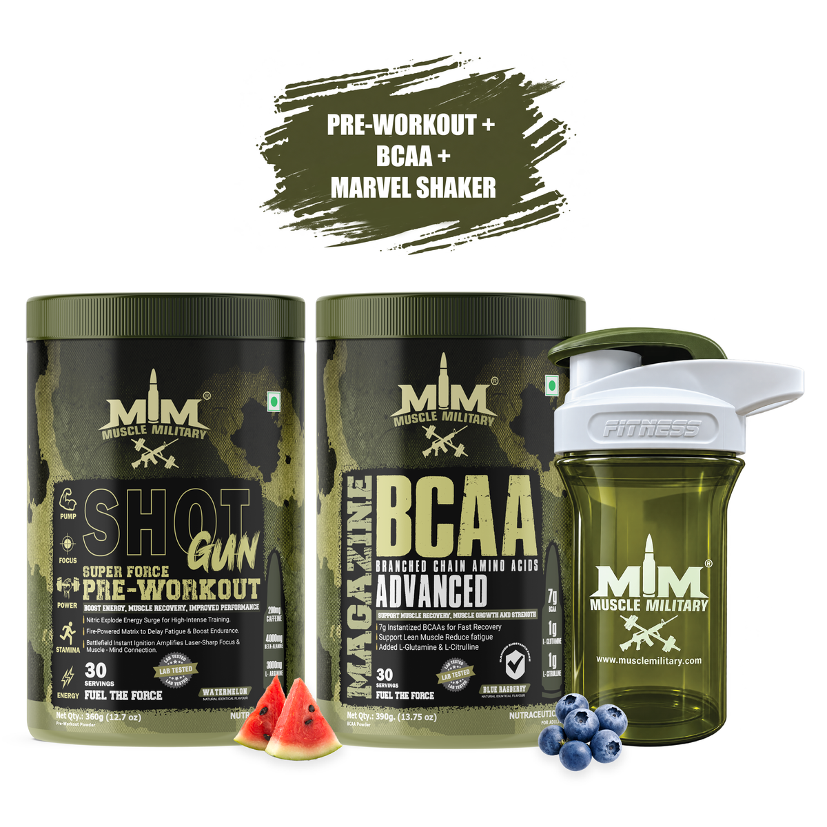 Shot Gun Pre-workout + Magazine BCAA + Marvel Premium Shaker (Crystal) 500ml