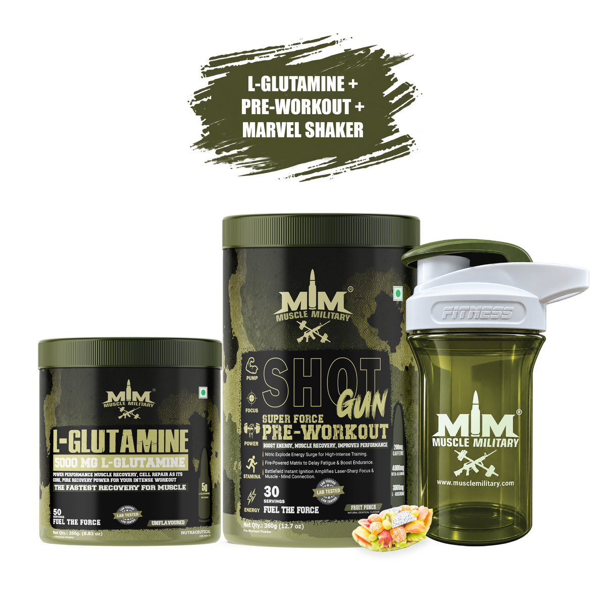 Shot Gun Pre-workout + L-Glutamine + Marvel Premium Shaker (Crystal) 500 ml