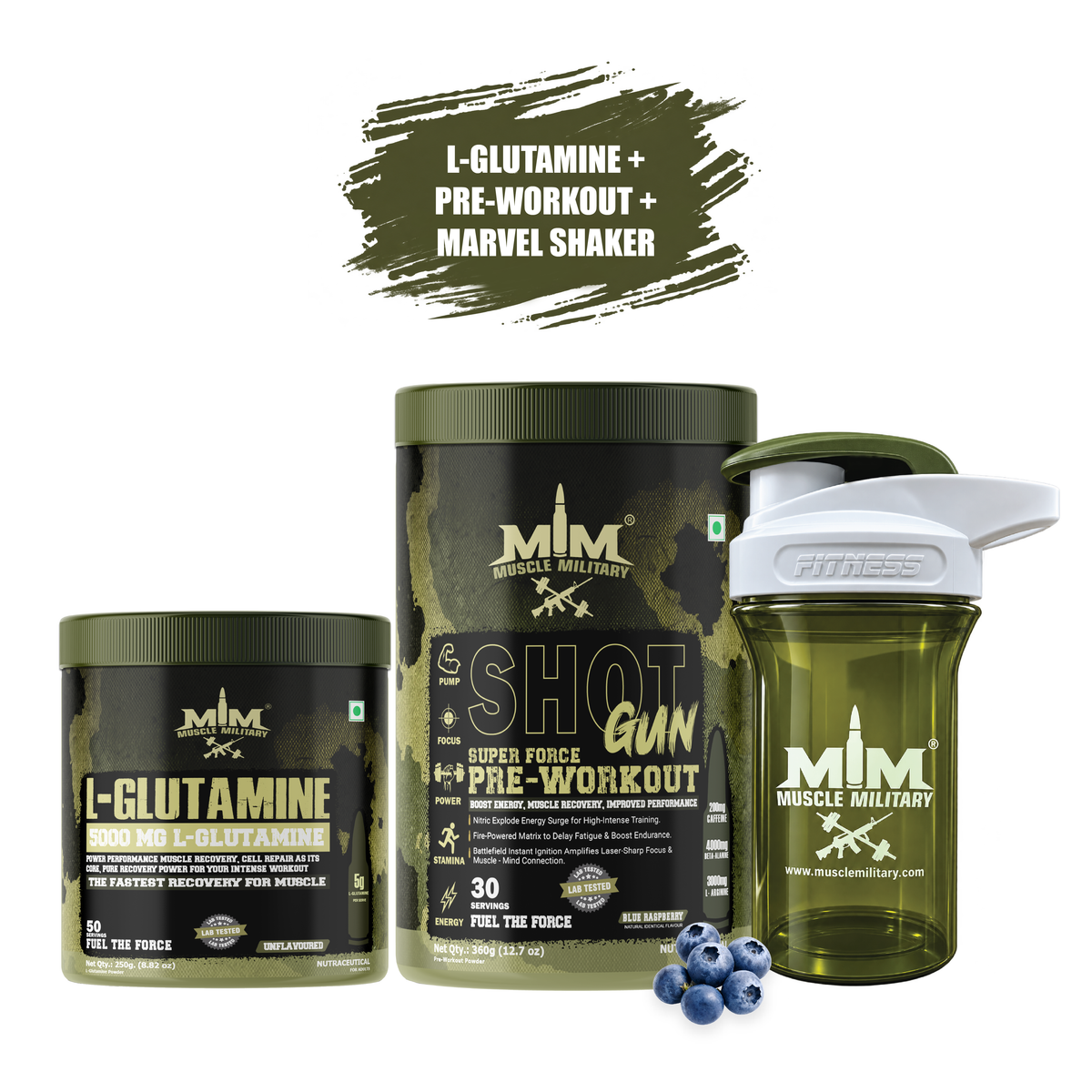 Shot Gun Pre-workout + L-Glutamine + Marvel Premium Shaker (Crystal) 500 ml