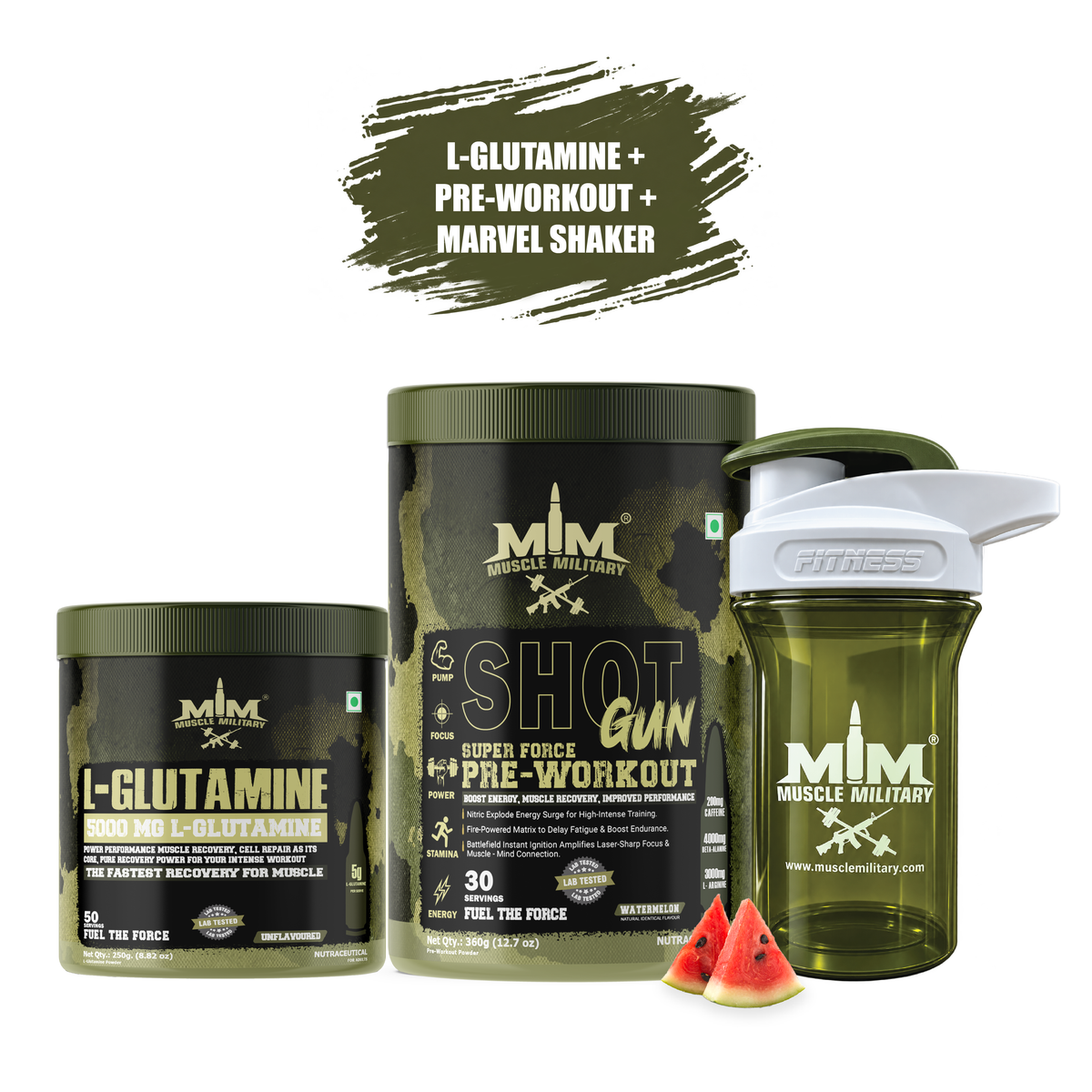Shot Gun Pre-workout + L-Glutamine + Marvel Premium Shaker (Crystal) 500 ml