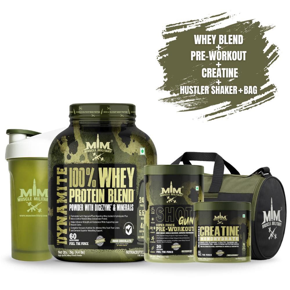 Whey Protein 2kg  + Shot gun Pre-workout + Micronised Creatine Monohydrate Unflavoured +Gym Bag + Hustler Shaker 700ml