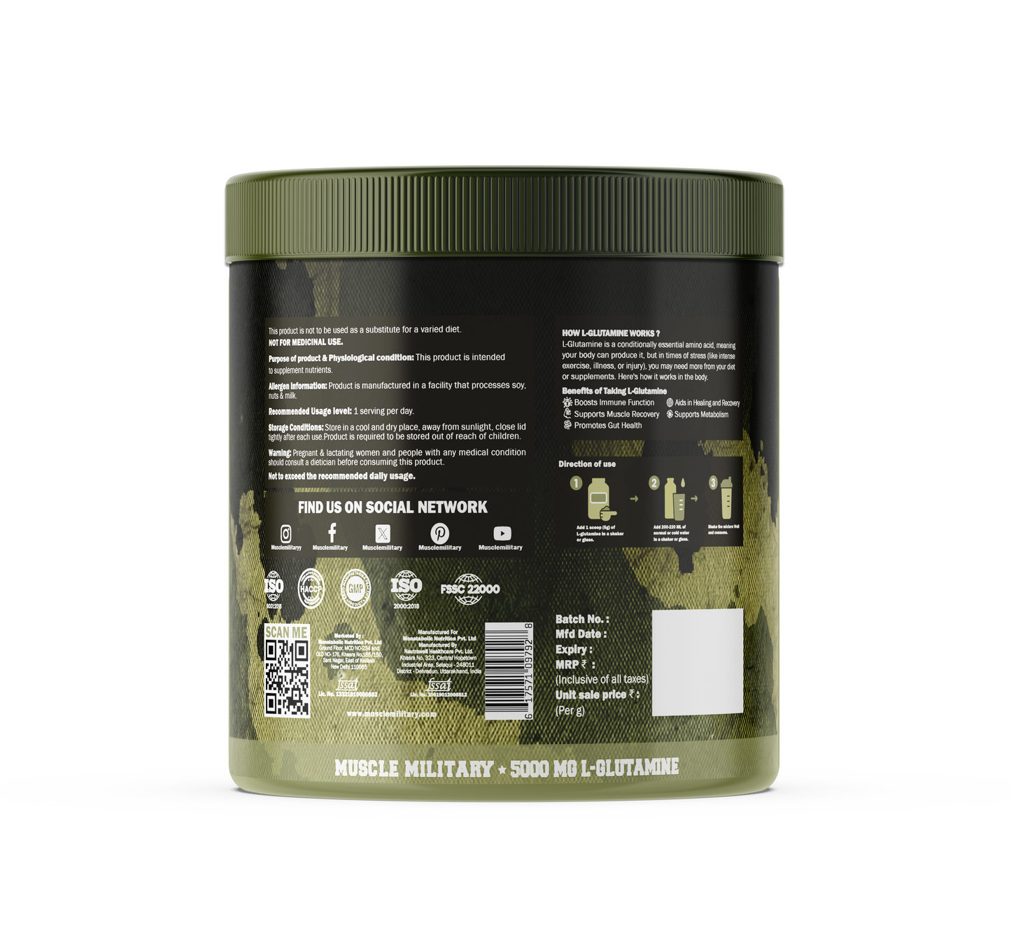 L-Glutamine 5000 mg | 100% Pure, No Additives, No Preservatives | 5g/Serve | 50 Servings