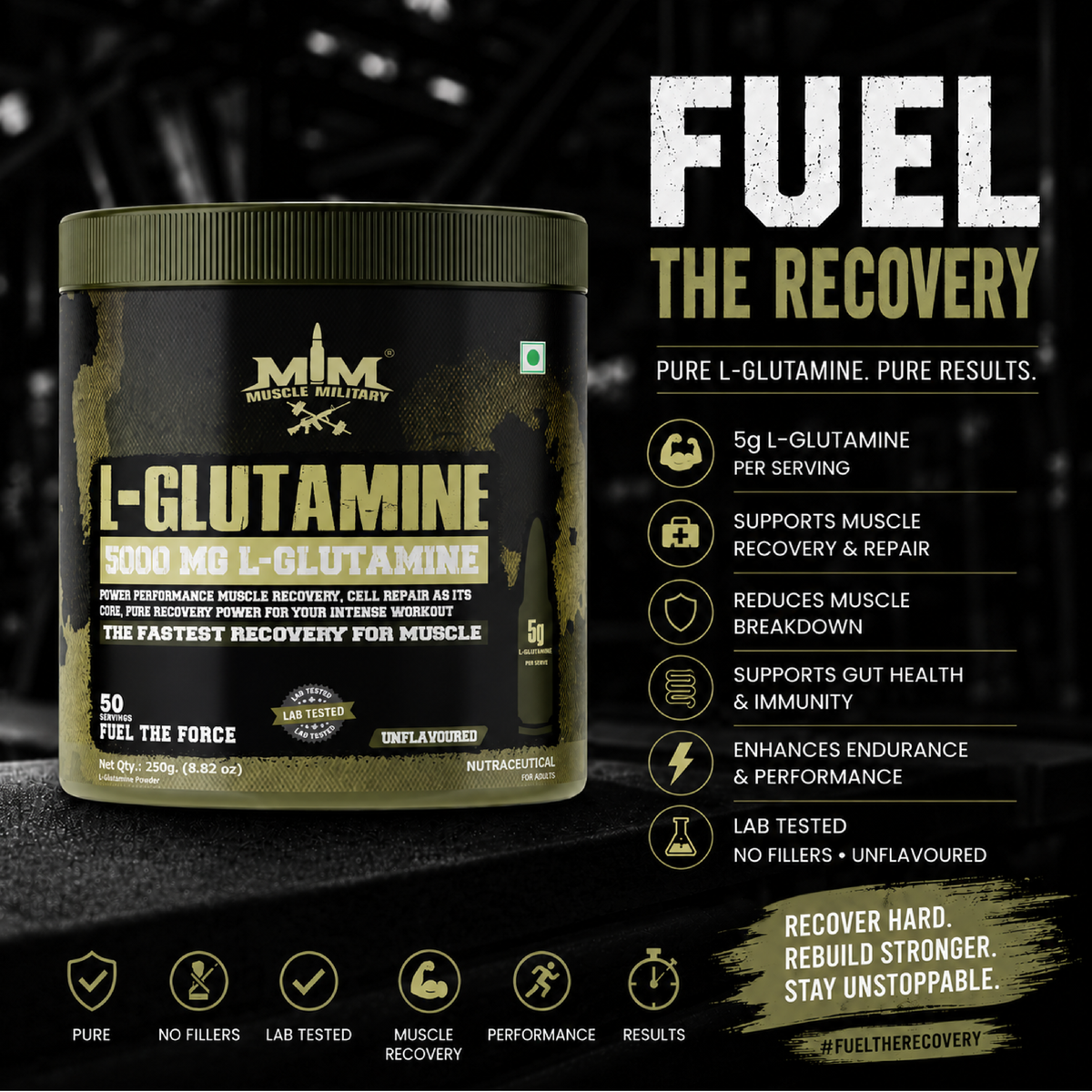 L-Glutamine 5000 mg | 100% Pure, No Additives, No Preservatives | 5g/Serve | 50 Servings