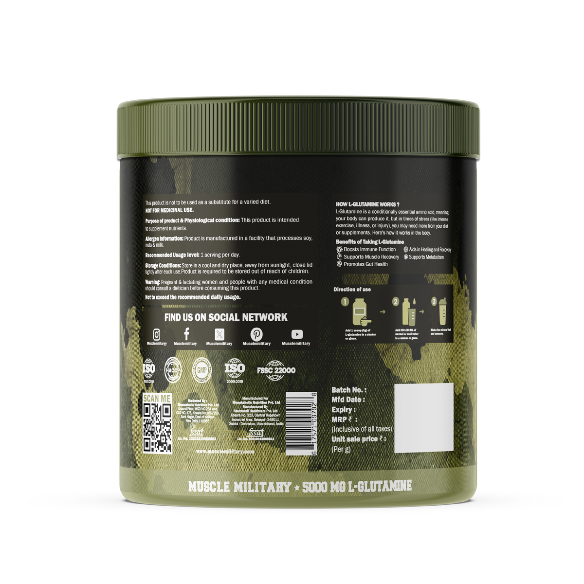L-Glutamine 5000 mg | 100% Pure, No Additives, No Preservatives | 5g/Serve | 50 Servings
