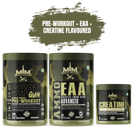 Muscle MIlitary PRE-WORKOUT SHOTGUN + AMMO EAA + Micronised Creatine Monohydrate Flavoured COMBO