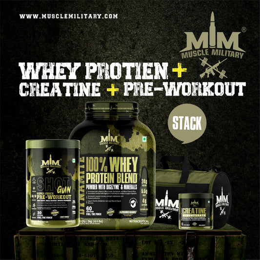 Muscle Military 2 kg Whey Blend + Pre-Workout + 100 g Creatine with Gym Bag