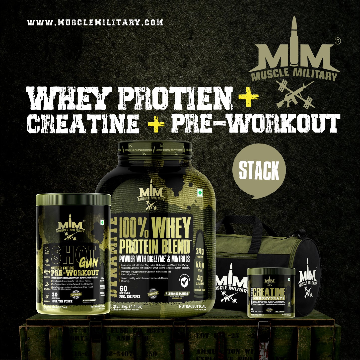 Muscle Military 2 kg Whey Blend + Pre-Workout + 100 g Creatine with Gym Bag