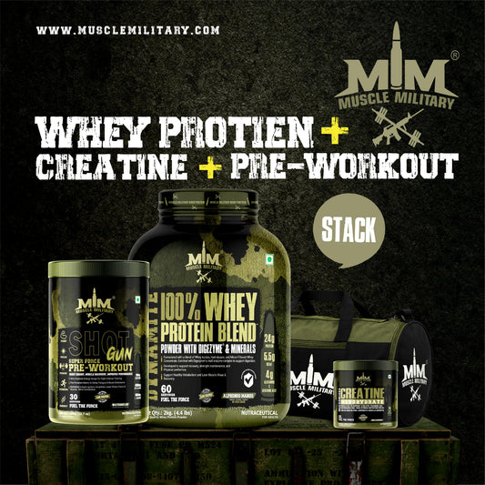 Muscle Military 2 kg Whey Blend + Pre-Workout + 100 g Creatine with Gym Bag