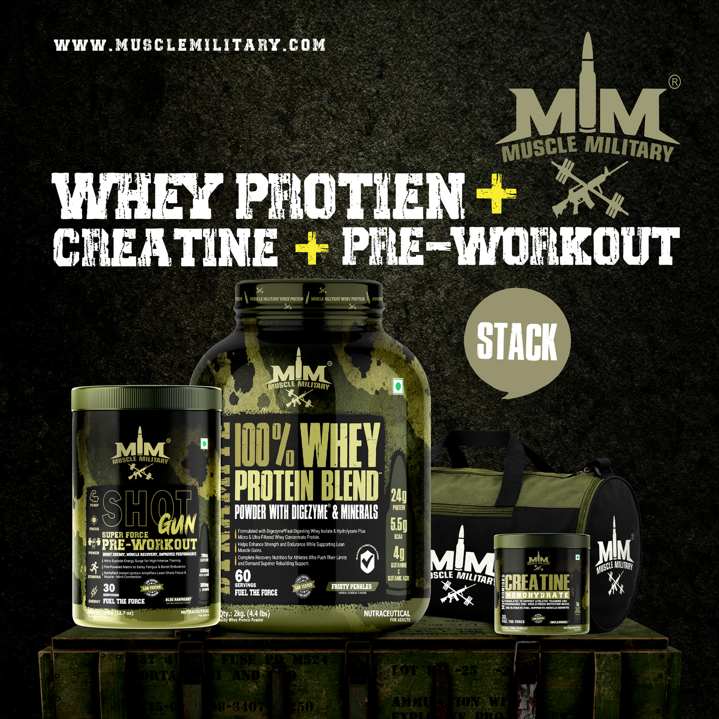 Muscle Military 2 kg Whey Blend + Pre-Workout + 100 g Creatine with Gym Bag