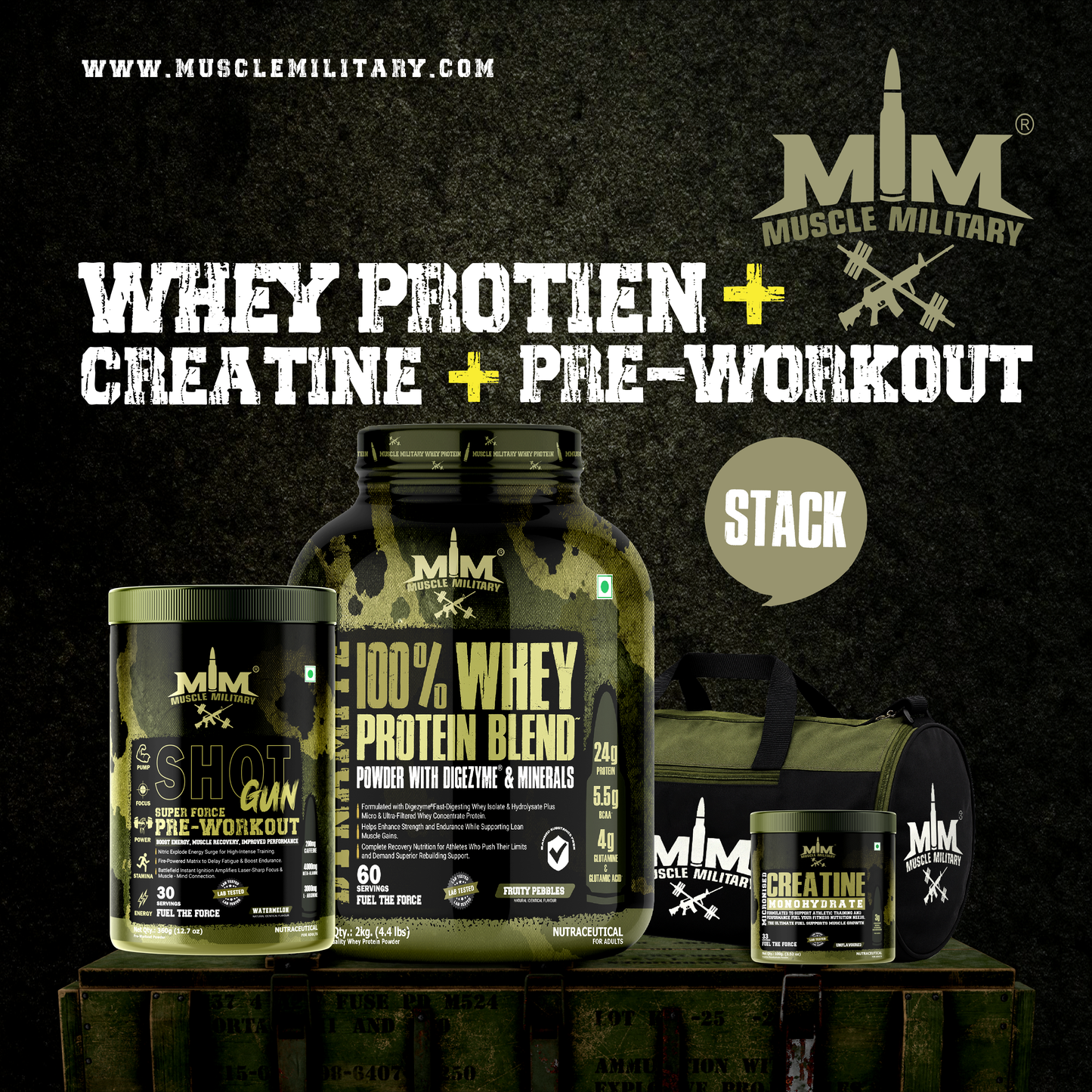 Muscle Military 2 kg Whey Blend + Pre-Workout + 100 g Creatine with Gym Bag
