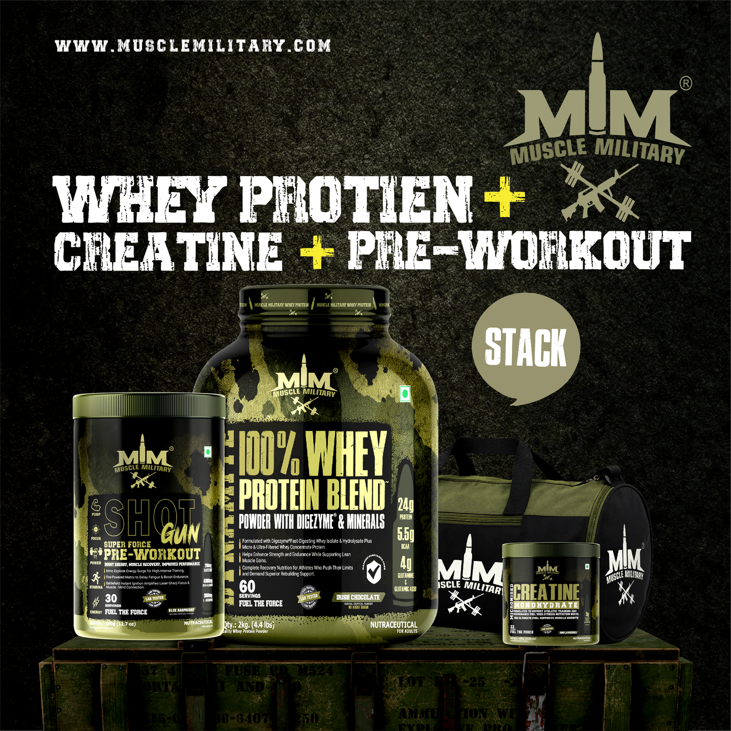 Muscle Military 2 kg Whey Blend + Pre-Workout + 100 g Creatine with Gym Bag