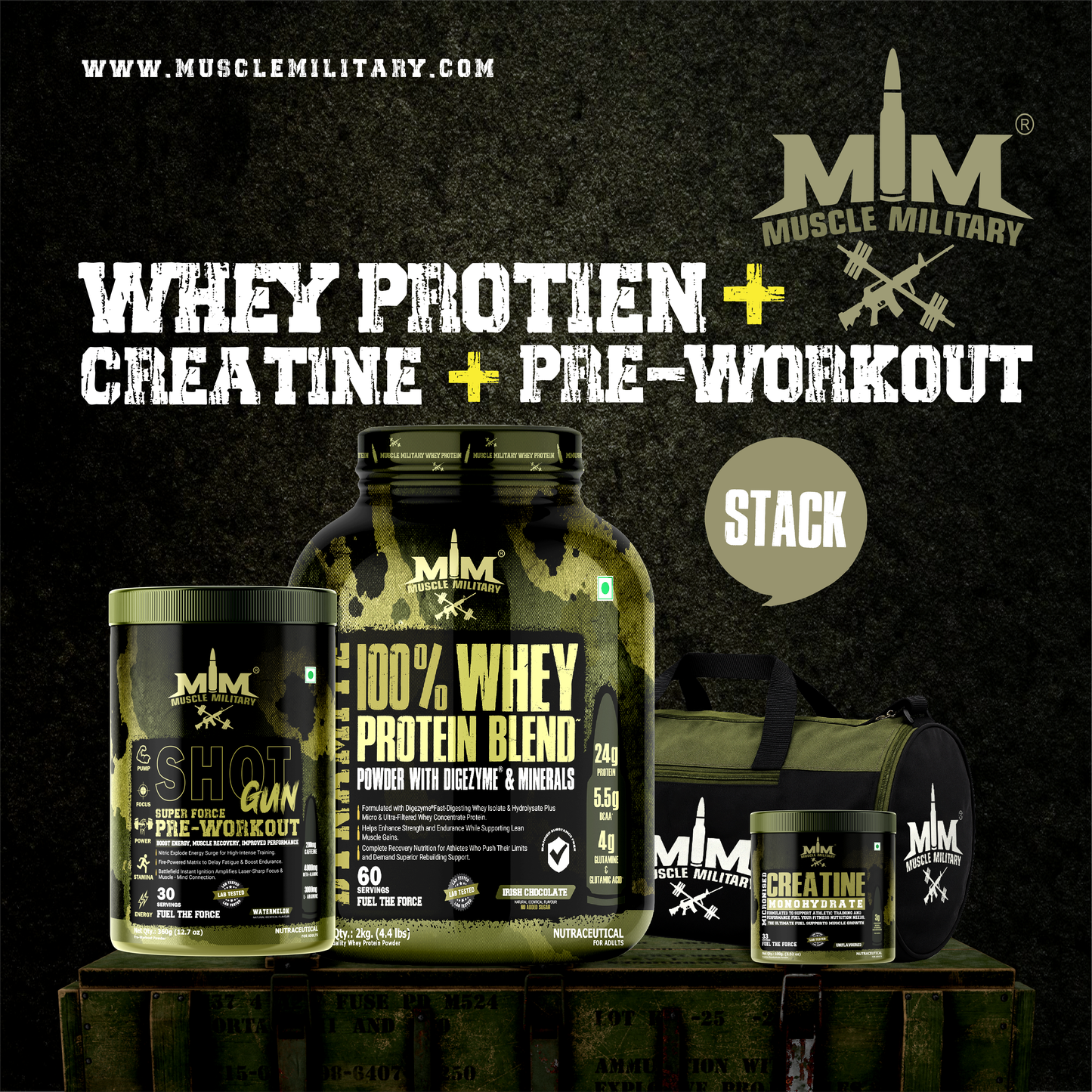 Muscle Military 2 kg Whey Blend + Pre-Workout + 100 g Creatine with Gym Bag