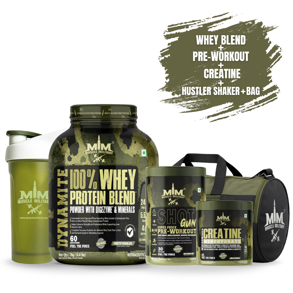 Whey Protein 2kg  + Shot gun Pre-workout + Micronised Creatine Monohydrate Unflavoured +Gym Bag + Hustler Shaker 700ml