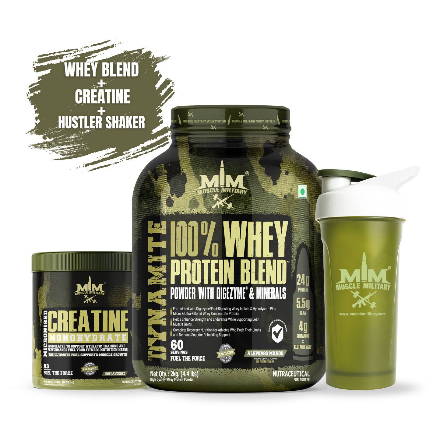 Dynamite Whey + Micronised Creatine Monohydrate Unflavoured +Hustler Shaker 700 ml