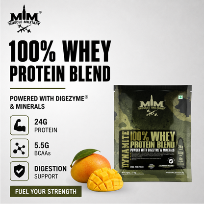 Dynamite 100% Whey Protein Blend Single Serve | Travel Pack | 24g Protein, 5.5g Bcaa, 4g Glutamine & DigeZyme®