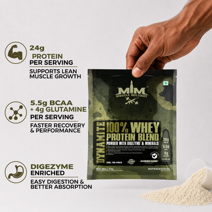 Dynamite 100% Whey Protein Blend Single Serve | Travel Pack | 24g Protein, 5.5g Bcaa, 4g Glutamine & DigeZyme®